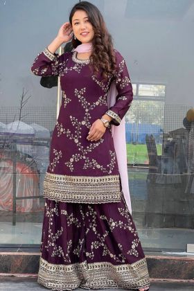 Plum Purple Faux Georgette Embroidered Sharara Dress