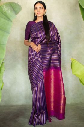 Plum Purple Golden Zari Weaving Work Striped Saree