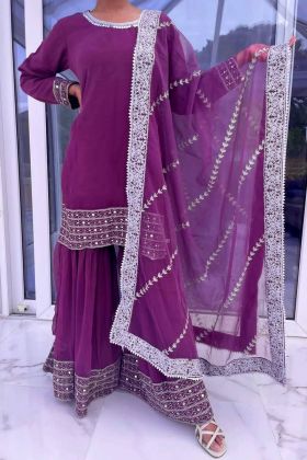 Plum Purple Pure Satin Georgette Real Mirror Work Sharara Dress