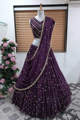 Plum Purple Taffeta Silk Embroidery Work Lehenga Choli