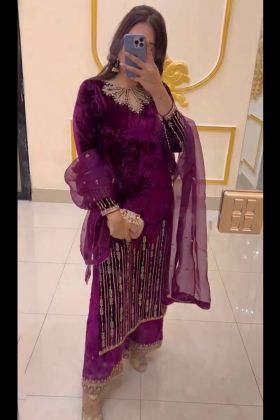 Plum Purple Viscose Velvet Readymade Salwar Suit