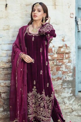 Plum Purple Viscose Velvet Wedding Wear Salwar Suit