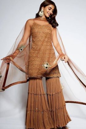 Pooja Hegde Wear Tawny Brown Embroidery Work Sharara Salwar Suit