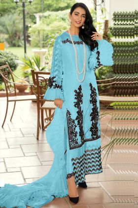 Preferable Blue Color Butterfly Net With Heavy Worked Pakistani Salwar Dress For Ramjan