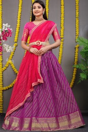 Pure Silk Zari Weaving Work Purple Leheriya Lehenga Choli