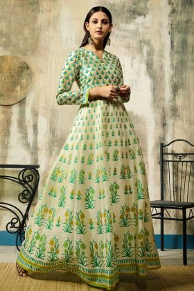 Pure Chanderi Party Wear Gown Digital Printed In Cream Color 