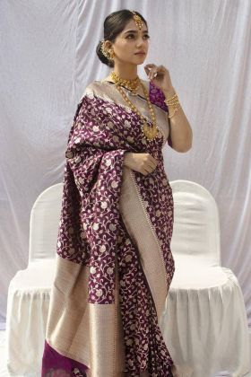 Purple Banarasi Silk Saree With Zari Wooven Border