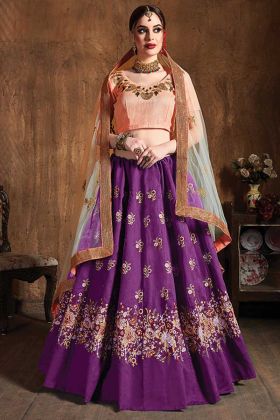 Purple Color Wedding Embroidery Designer Raw Silk Lehenga
