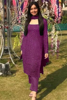 Purple Crochet Sequence Embroidery Work Straight Salwar Suit