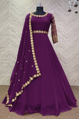Purple Embroidery Work Anarkali Gown