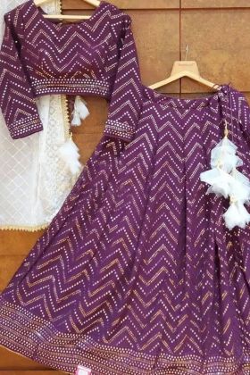 Purple Embroidery Work Malai Satin Silk Lehenga Choli