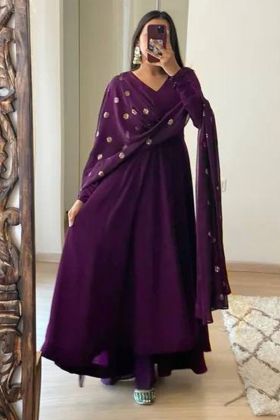 Purple Embroidery Work Readymade Anarkali Gown