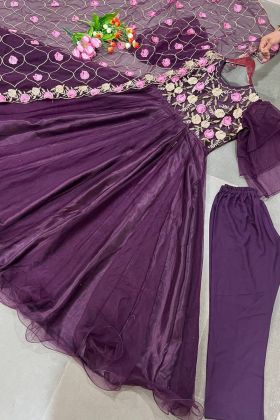 Purple Embroidery Work Readymade Long Gown