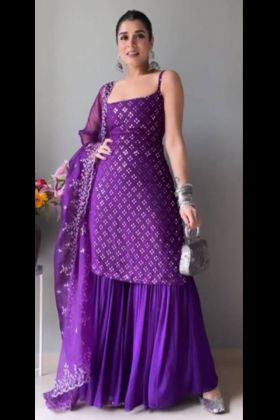 Purple Faux Georgette Plain Sharara With Sequence Work Readymade Top