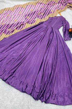 Purple Finon Silk Plain Anarkali Gown With Striped Printed Dupatta