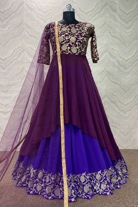 Purple Flower Embroidery Work Lehenga With Up Down Gown