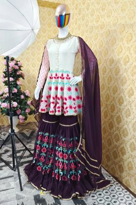 Purple Flower Embroidery Work Sharara Salwar Suit