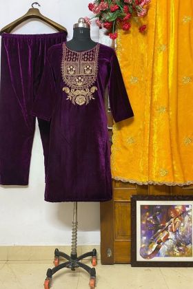 Purple Heavy 9000 Velvet Embroidery Work Suit