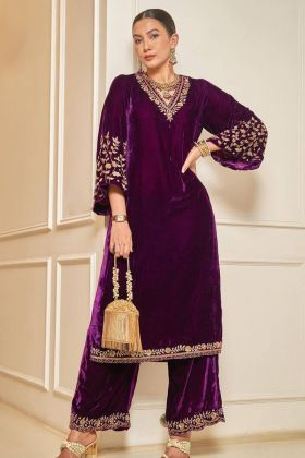 Purple Heavy 9000 Velvet Zari Embroidery Work Dress