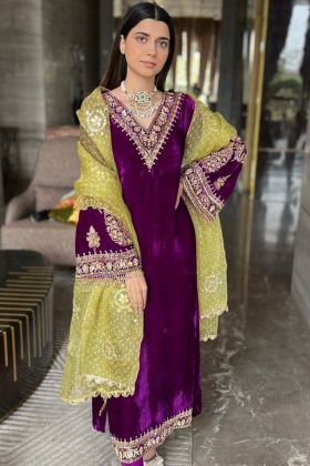 Purple Heavy 9000 Velvet Zari Embroidery Work Salwar Kameez