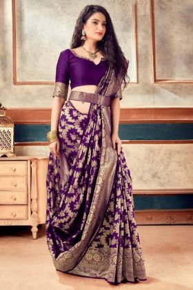 Purple Jacquard Work Lichi Silk Saree