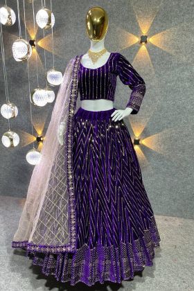 Purple Multi Embroidery Work Viscose Velvet Lehenga Choli
