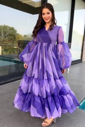 Purple Organza Silk Printed Ruffle Sleeves Gown