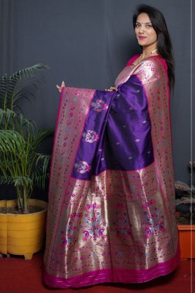 Purple Pure Silk Golden Zari Weaving Work Saree