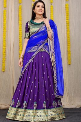 Purple Pure Silk Weaving Work Lehenga Choli With Contrast Dupatta