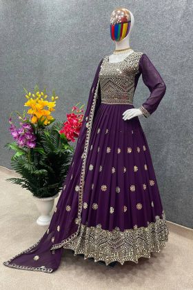 Purple Sequence Work Faux Georgette Readymade Long Gown