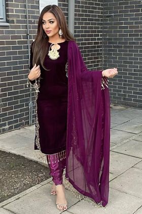 Purple Viscose Velvet Embroidered Pant Style Suit