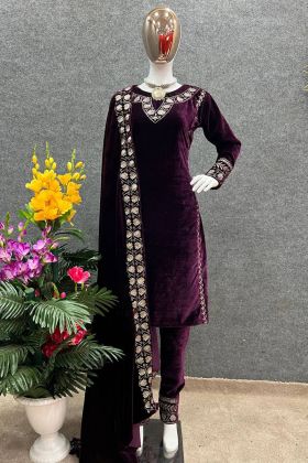 Purple Viscose Velvet Readymade Salwar Suit