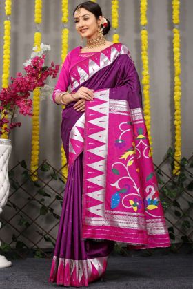 Purple Weaving Minkari Work Pure Silk Saree