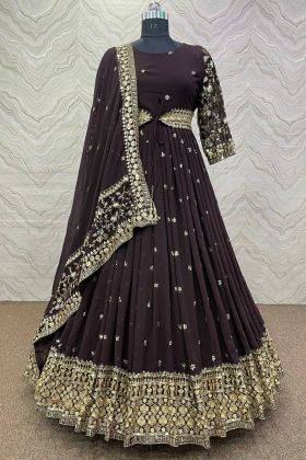 Raisin Color Sequence Work Anarkali Style Gown