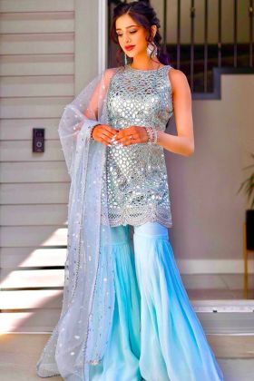 Rakhi Special Designer Baby Blue Sharara Salwar Suit