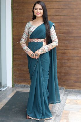 Rama Sequence Work Saree With Stitch Blouse