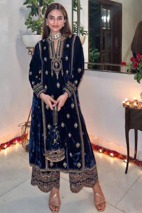 Ramzan Eid Special Dark Blue Viscose Velvet Dress