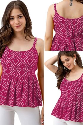 Rani Pink Bandhani Printed Sleeveless Tunic Top