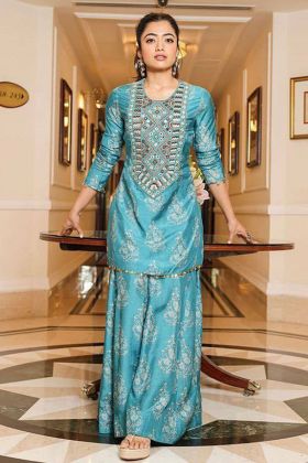 Rashmika Mandanna Wear Sky Blue Digital Print Dress