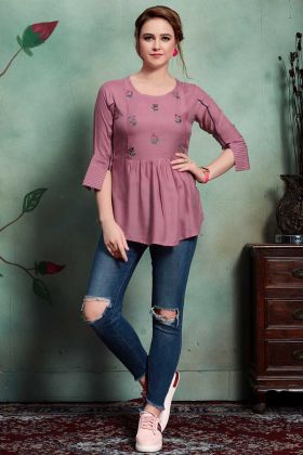 Rayon Embroidery Tops In Onion Pink Color  