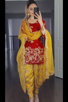 Red And Yellow Punjabi Style Dhoti Salwar Suit
