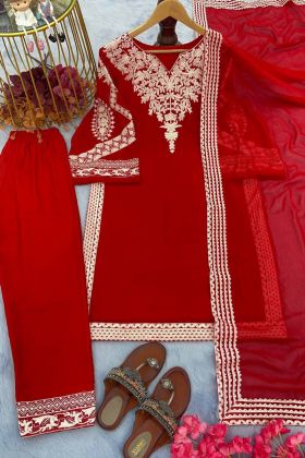 Red Bell Sleeves Kurti With Readymade Palazzo