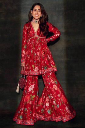 Red Butter Silk Digital Printed Sharara Style Salwar Suit
