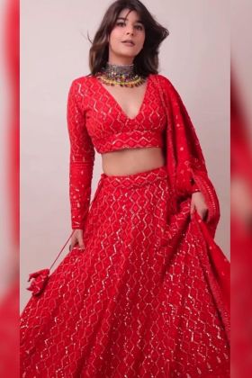 Red Chain Stitch Sequence Work Party Special Lehenga Choli