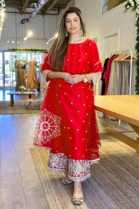 Red Chain Stitch Work Soft Net Palazzo Style Salwar Suit
