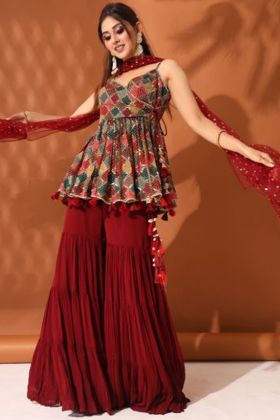 Red Chinon Silk Plain Sharara With Printed Sequence Work Crop Top