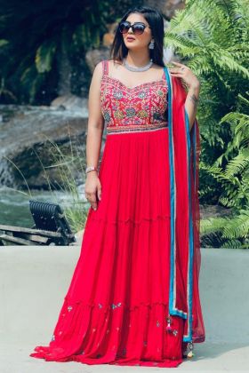 Red Coding Embroidery Work Long Anarkali Gown