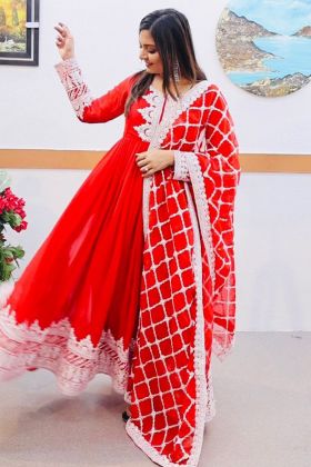 Red Coding Embroidery Work Long Gown