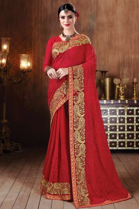 Red Color Heavy Embroidered Designer Georgette Saree