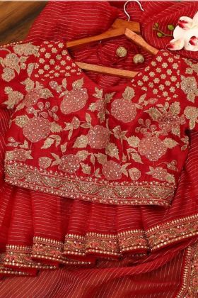 Red Cotton Silk zari linen indian traditional saree